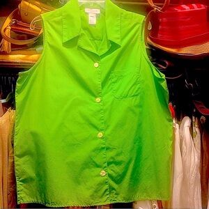 $SALE$ 90s Jones NY Green Sleeveless Pointed Collar Top, 100% Cotton, Size 12,